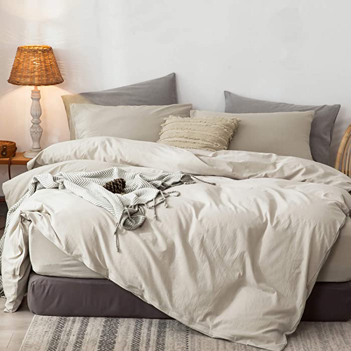 MooMee Bedding Duvet Cover Set 100% Washed Cotton Linen Like Textured Breathable Durable Soft Comfy (Cream Grey, King)