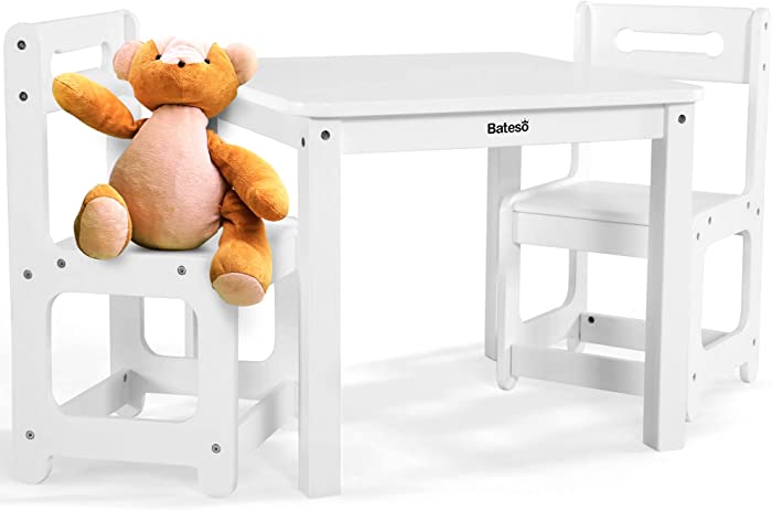 Bateso 20" H Kids Wooden Table & 2 Chairs Set, Solid Toddler Table for Eating, Learning, Activity, 3 Piece Kid White Table and Chairs for Toddler, Girls, Boys, Furniture for Home, Classroom, Outside