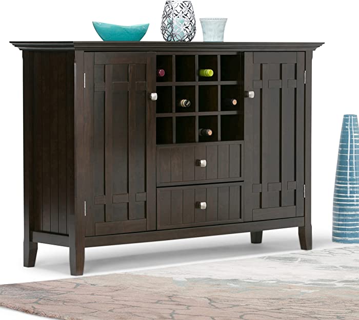 SIMPLIHOME Bedford Solid Pine Wood 54 inch Rustic Sideboard Buffet Credenza in Dark Tobacco Brown features 2 Doors, 2 Drawers and 2 Cabinets with 12 Bottle Wine Storage Rack