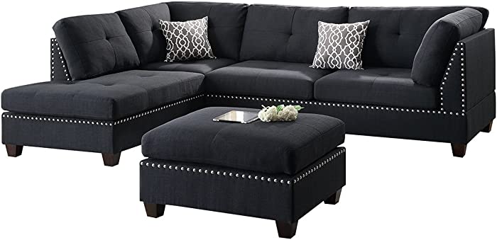 Poundex Bobkona Viola Linen-Like Polyfabric Left or Right Hand Chaise Sectional Set with Ottoman (Pack of 3), Black