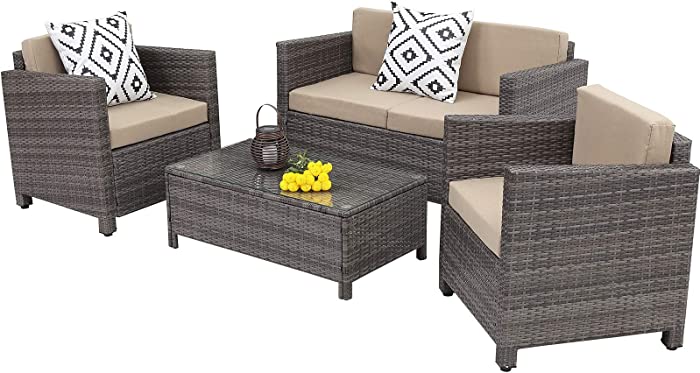 Wisteria Lane Patio Furniture Set, 4 Piece Outdoor Conversation Sets, Wicker Sofa Set with Cushion for Garden Deck Porch (Grey)