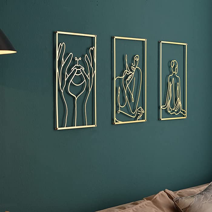 DeaTee Gold Wall Art Decor Set of 3 , 0.12'' Thicker Real Metal Wall Art, Modern Abstract Female Single Line Minimalist Decor Metal Home Hanging Wall Art Decor Wall Sculptures, Gold Decor Accents for Bedroom Living Room (Face + Women + Back)