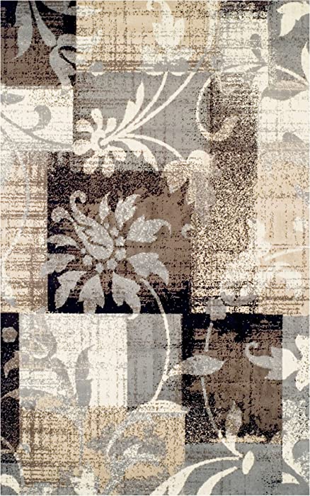 Superior Pastiche Contemporary Floral Patchwork Polypropylene Indoor Area Rug or Runner with Jute Backing, 8' X 10', Beige