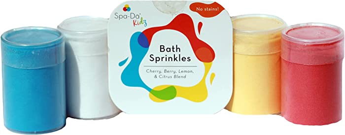 Spa-Da Kidz Bath Sprinkles - 4, 2oz Tubes of Bubble Bath Sprinkles | Next Gen Bath Bombs Fizzy and Fragrant | Mix Colors for Educational Bath | Clean Ingredients for Mom | No Staining Skin or Tubs