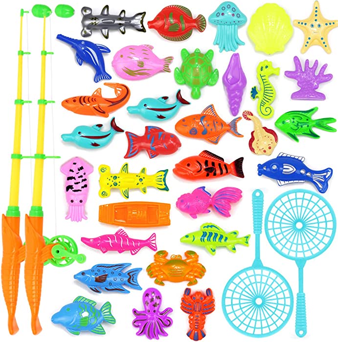 Magnetic Fishing Game 30 PC Ocean Sea Floating Fish Colorful Animals with Net Bathtub Game for Age 3 4 5 6 Year Kids Toddler(Medium Set)