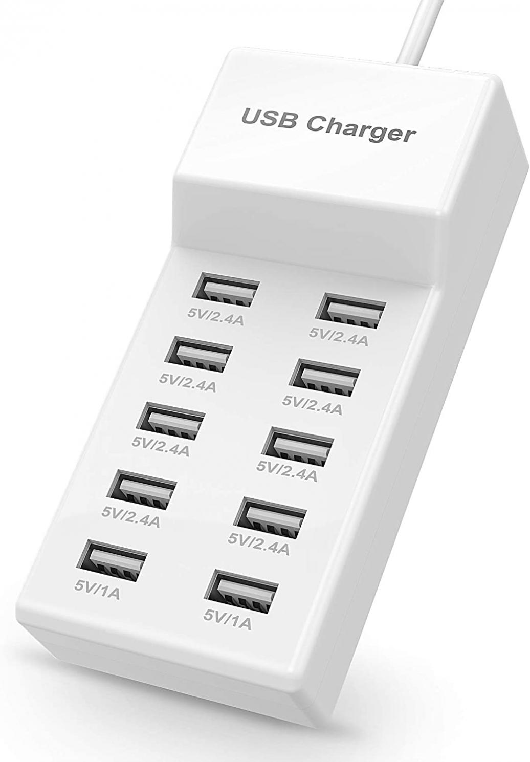 USB Charger USB Charging Station with Rapid Charging Auto Detect Technology Safety Guaranteed 10-Port Family-Sized Smart USB Ports for Multiple Devices Smart Phone Tablet Laptop Computer