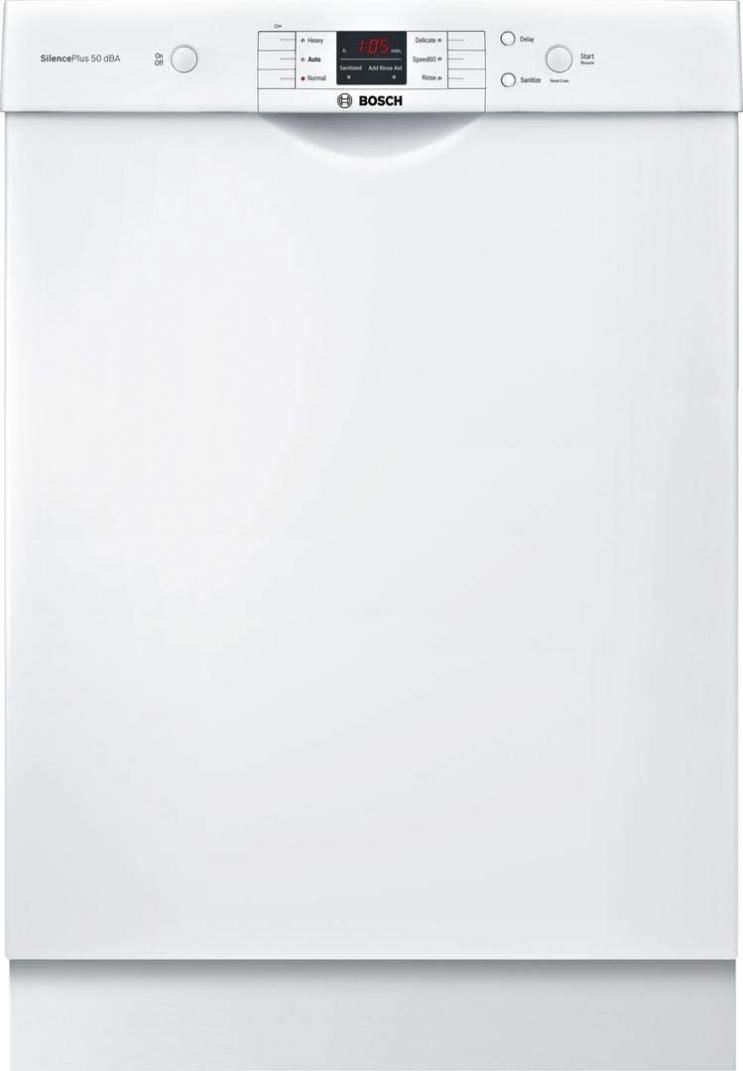 Bosch SHEM3AY52N 100 Series 24 Inch Built In Full Console Dishwasher with 6 Wash Cycles, in White