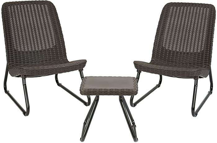 Keter Resin Wicker Patio Furniture Set with Side Table and Outdoor Chairs, Whiskey Brown