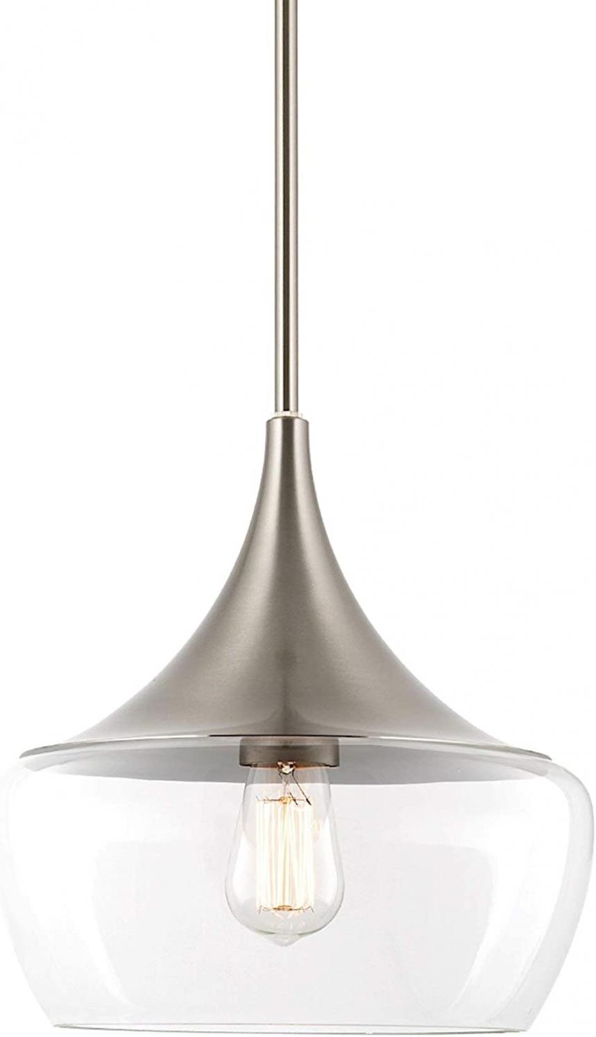 Kira Home Ava 12.5" Modern Industrial Schoolhouse Pendant Light with Clear Wine Glass Style Shade, Adjustable Hanging Height, Brushed Nickel Finish
