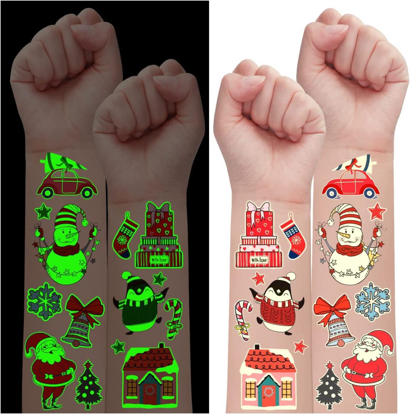 Partywind 235 Styles Glow Christmas Tattoos for Kids Stocking Stuffers, Luminous Christmas Gifts for Party Decorations Supplies Favors, Holiday Party Games Toys, Santa Snowflake Decor (24 Sheets)