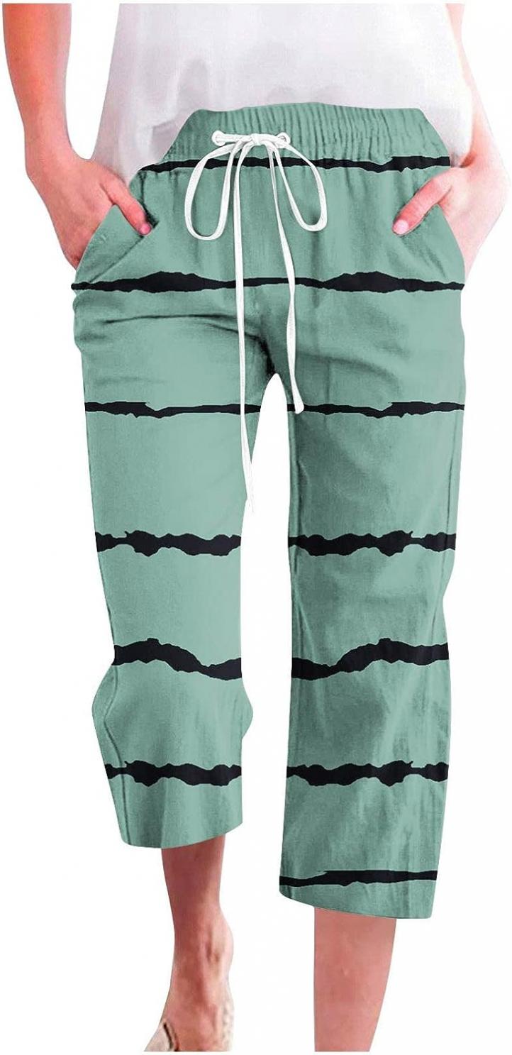 DOLKFU Women's Drawstring Elastic Comfy Capris Striped Print High Waist Sweatpants Loose Casual Trendy Capri Pants