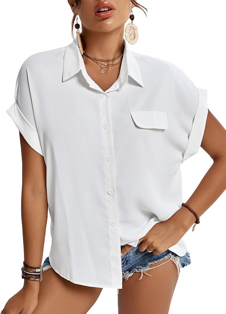 LYANER Women's Casual Collared Rolled Up Cap Sleeves Button Down Work Blouse Shirt Tops