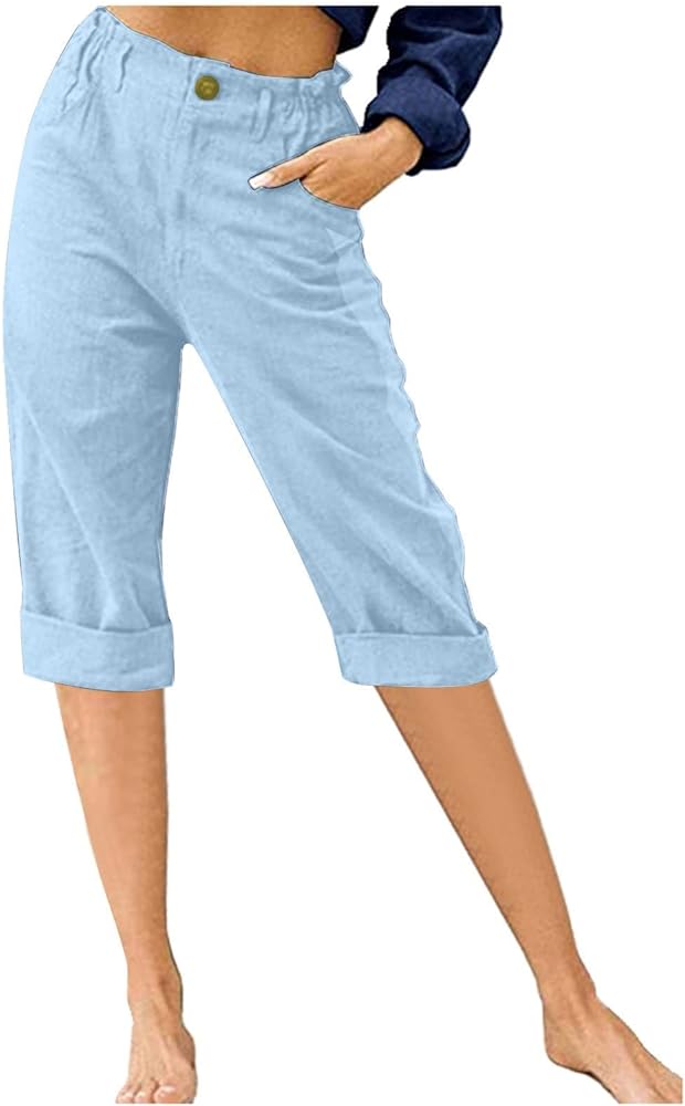 Capris Pants for Women Causal Cotton Linen Lounge Pants with Pockets Soft High Waisted Button Up Cropped Trouser Summer Pants