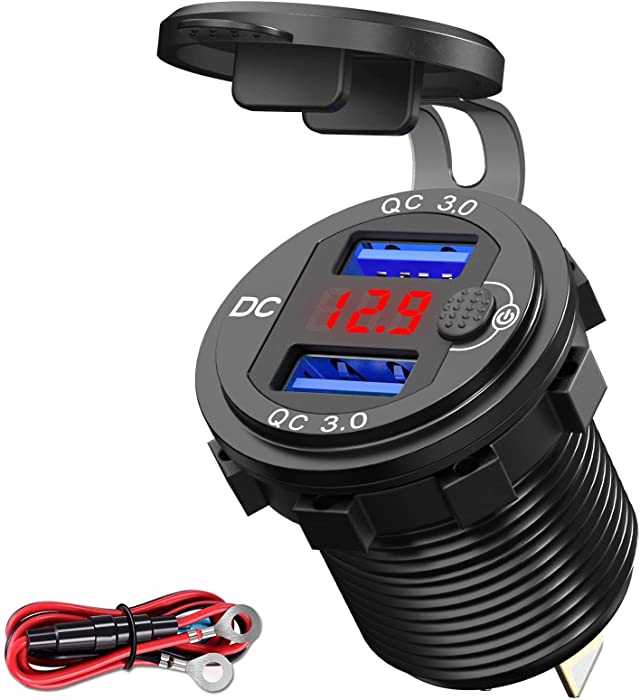 [Upgraded Version] Quick Charge 3.0 Dual 12V USB Car Charger, Aluminum Socket with Red Digital Voltmeter, Waterproof Car Outlet with Power Switch Button, for Marine Boat Motorcycle Truck Golf Cart etc