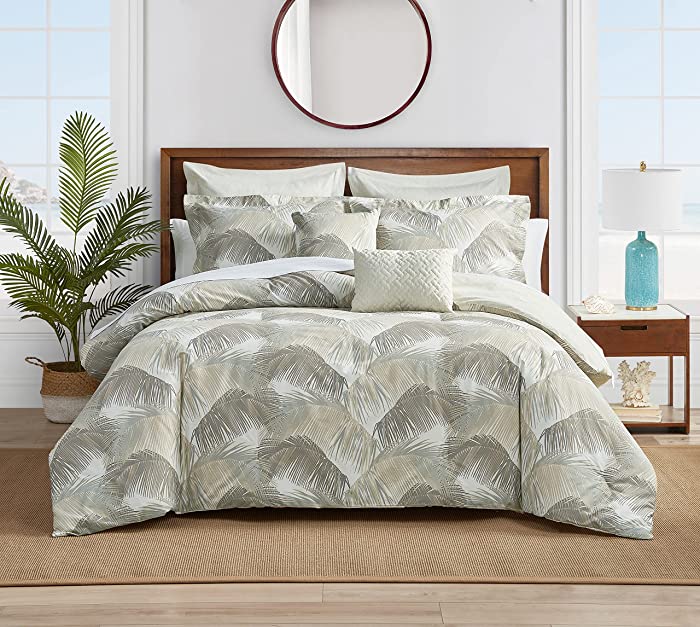 Tommy Bahama | Zanzibar Collection | 7pc Comforter Set - 100% Cotton, Soft & Breathable, Reversible Bedding, Includes Bonus Euro Shams & Throw Pillows, King, Beige