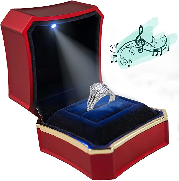 Ring Box for Proposal Engagement Wedding - Birthday Valentine' Day Gift Mother's Day ,with Small LED Light up Romantic MUSIC , Velvet instert Box Jewelry Display Red Gift Box