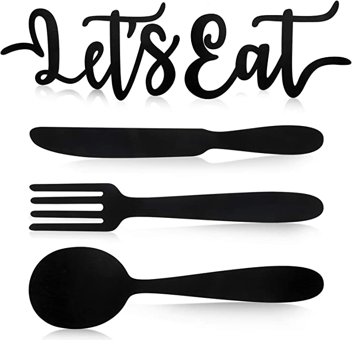 Yerliker 5 Pieces Let's Eat Sign, Wooden Fork Spoon Knife Sign Wall Decor, Rustic Cutout Eat Kitchen Decor for Home Dining Living Room Bar Cafe Restaurant (Black)