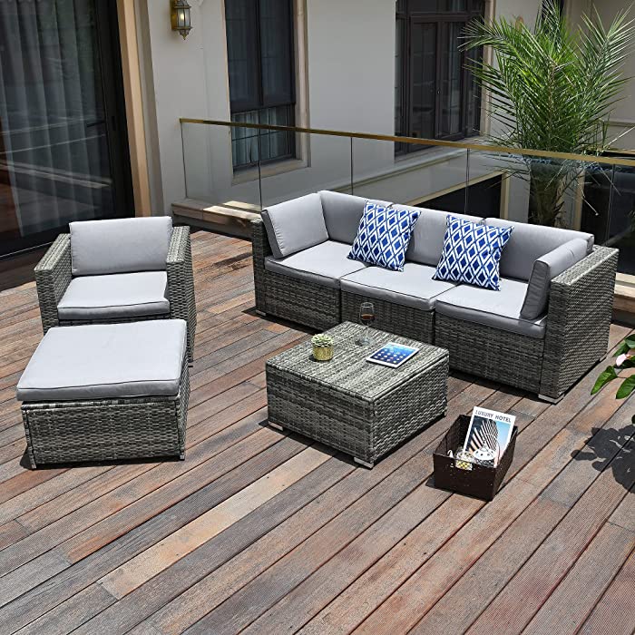 YITAHOME 6 Pieces Patio Furniture Set, Outdoor Sectional Sofa PE Rattan Wicker Conversation Set Outside Couch with Ottoman, Table and Cushions for Porch Lawn Garden Backyard, Grey