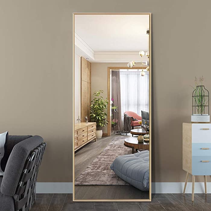 NeuType Full Length Mirror Dressing Mirror with Standing Holder 59"x20" Large Rectangle Bedroom Floor Mirror Standing Mirror Wall-Mounted Mirror (Gold (59" x 20" with Standing Holer))