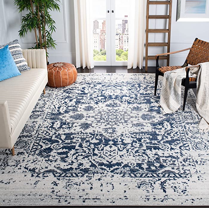 SAFAVIEH Madison Collection 10' x 14' Cream / Navy MAD603D Oriental Snowflake Medallion Distressed Non-Shedding Living Room Bedroom Dining Home Office Area Rug