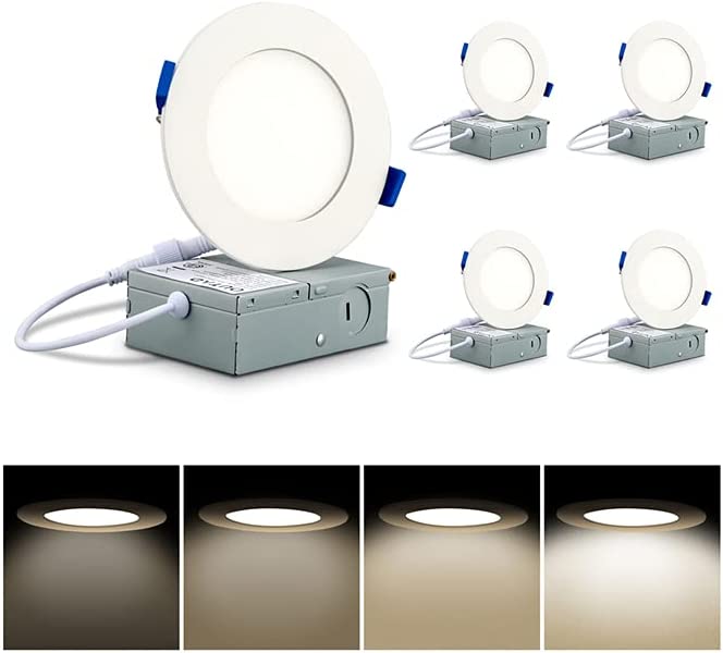 Recessed Lighting 4 Inch 4 Pack LED Recessed Ceiling Light with Junction Box, 3000K 4000K 5000K Selectable,9W 75W Eqv,5%-100% Dimmable Can-Killer Downlight