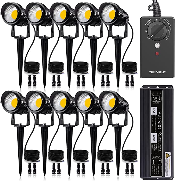 SUNVIE Low Voltage Landscape Lights Kit with Transformer and Timer 12W 12-24V Outdoor LED 3000K Waterproof Landscape Lighting with Wire Connector for Garden Pathway Wall Tree ETL Listed Cord, 10 Pack