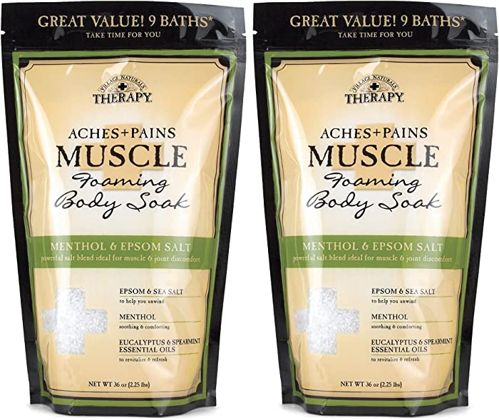 Village Naturals Therapy, Foaming Epsom Soak, Aches & Pains Muscle Relief, 36 oz, Pack of 2