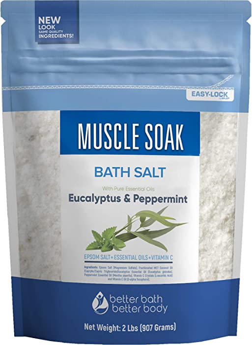 Muscle Soak Bath Salt 32 Ounces Epsom Salt with Natural Peppermint and Eucalyptus Essential Oils Plus Vitamin C in BPA Free Pouch with Easy Press-Lock Seal