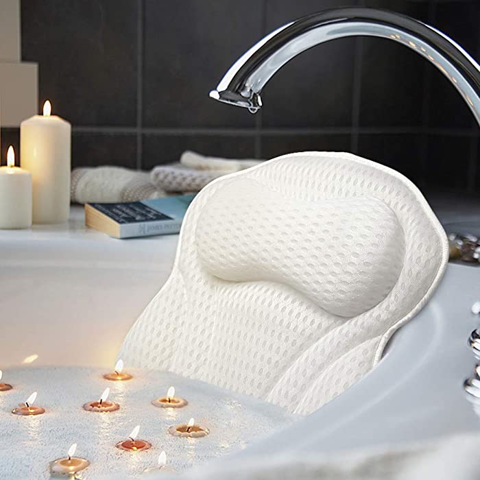 AmazeFan Luxury Bath Pillow, Ergonomic Bathtub Spa Pillow with 4D Air Mesh Technology and 6 Suction Cups, Helps Support Head, Back, Shoulder and Neck, Fits All Bathtub, Hot Tub and Home Spa