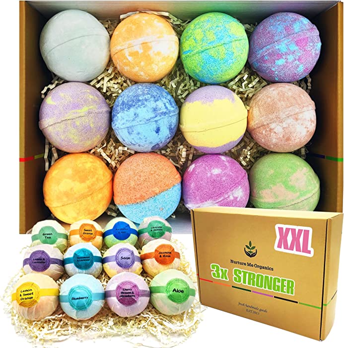 XL Bath Bombs Gift Set. Pack of 12 Huge 5 oz Organic Bath Bombs for Dry Skin Moisturize Spa Bath Fizzers. Great Gift Idea for Wife, Mother, Girlfriend, Birthdays, Holidays & More!