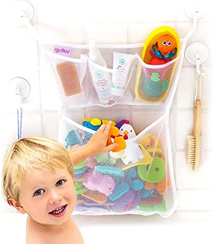 Original Tub Cubby Bath Toy Storage for Baby Bath Toys, Hanging bath toy holder with Suction & Adhesive Hooks, 14x20" Mesh Net Shower Caddy for Bathtub Toys, Kids Bathroom letters & Toy Organizer