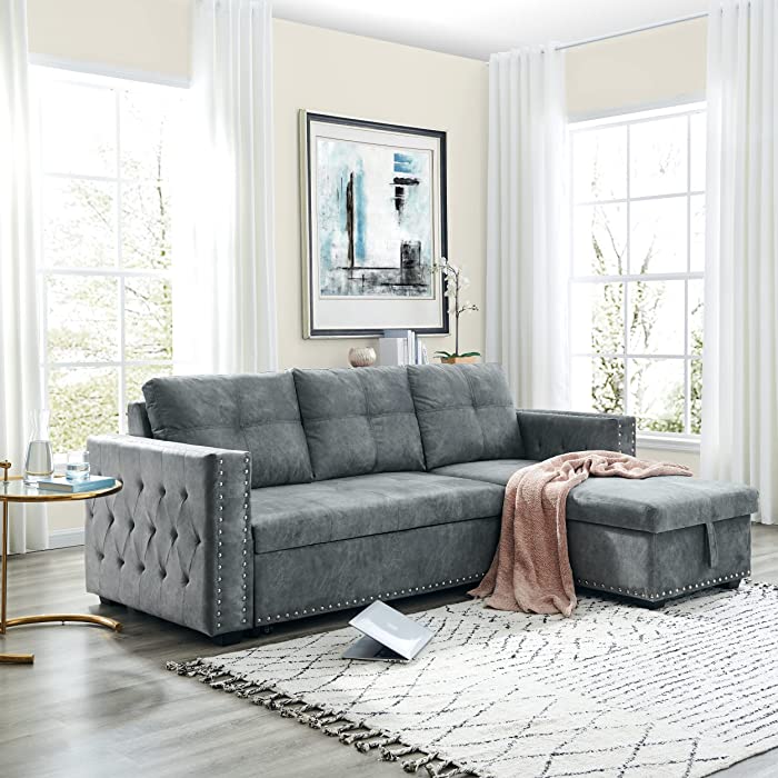 Sectional Sofa with Pull Out Bed, HABITRIO Solid Wood & Velvet Upholstered 2 Seats Sofa and Reversible Chaise Lounge w/Storage, Modern Design 91" L-Shaped Sleeper Sofa for Living Room, Grey