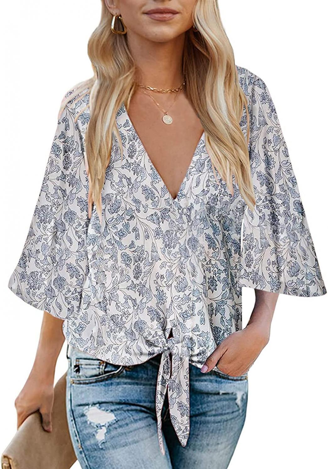 Bluetime Womens Summer Tops Boho 3/4 Sleeve V Neck Tie Front Shirts Casual Floral Blouses