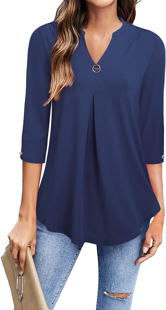 VALOLIA Womens Tops 3/4 Sleeve Shirts V Neck Blouses Dressy Casual Tunic Tops M-XXL