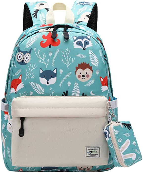 Mairle Little Kids Backpack Preschool Kindergarten School Bag for Boys and Girls with Chest Strap, Forest Animals Print,Green/White