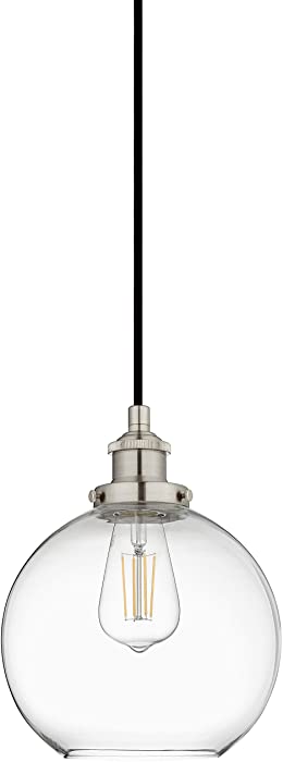 Linea di Liara Primo Large Brushed Nickel Glass Globe Pendant Light Fixture - Hanging Farmhouse Kitchen Pendant Lighting over Island - Mid Century Modern Ceiling Light Clear Glass Shade