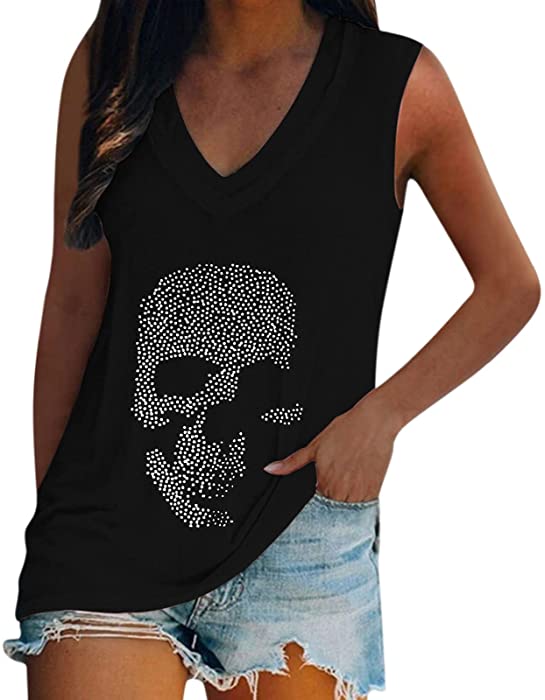 Workout Tops for Women, Women's V Neck Camisole T Shirts Y2K Vintage Skull Print Tank Top Loose Fit Sleeveless Blouses
