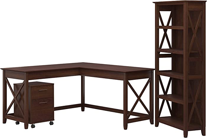 Bush Furniture Key West 60W L Shaped Desk with 2 Drawer Mobile File Cabinet and 5 Shelf Bookcase, Bing Cherry