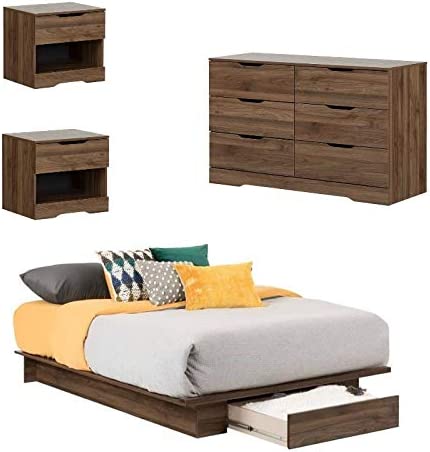Home Square 4 PC Queen Platform Bedroom Set with Dresser and 2 Nightstands in Natural Walnut