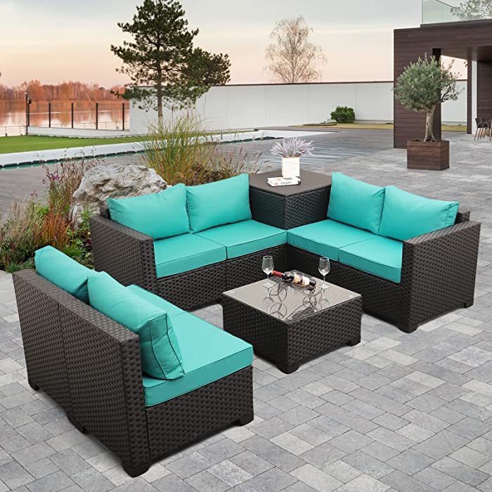 Outdoor PE Rattan Furniture Set 6 Piece Patio Wicker Sectional Conversation LoveSeat Couch Sofa Set with Storage Table Box, Turquoise Cushion