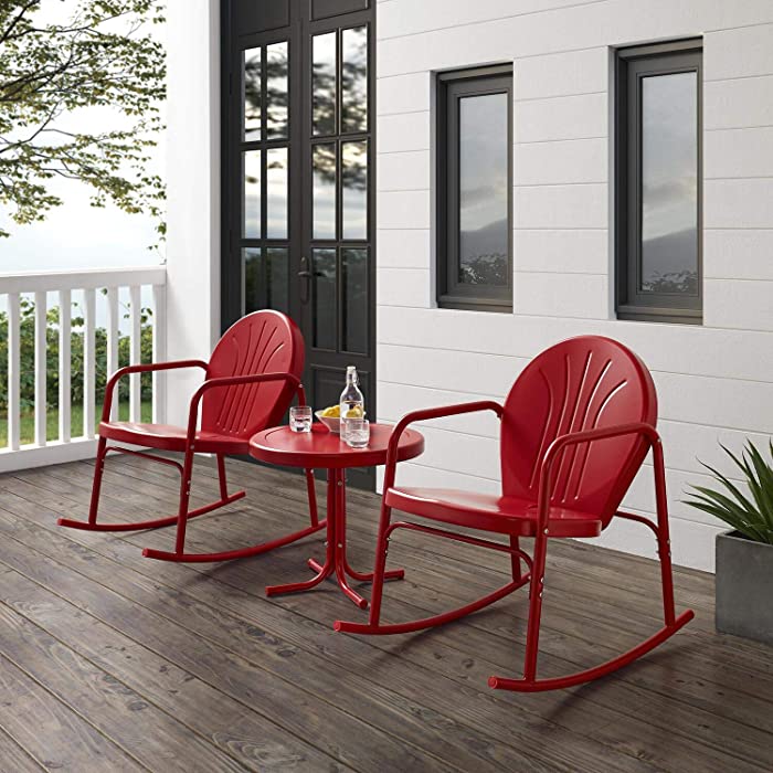 Crosley Furniture KO10020RE Griffith 3-Piece Retro Metal Outdoor Seating Set with Side Table and 2 Rocking Chairs, Bright Red Gloss