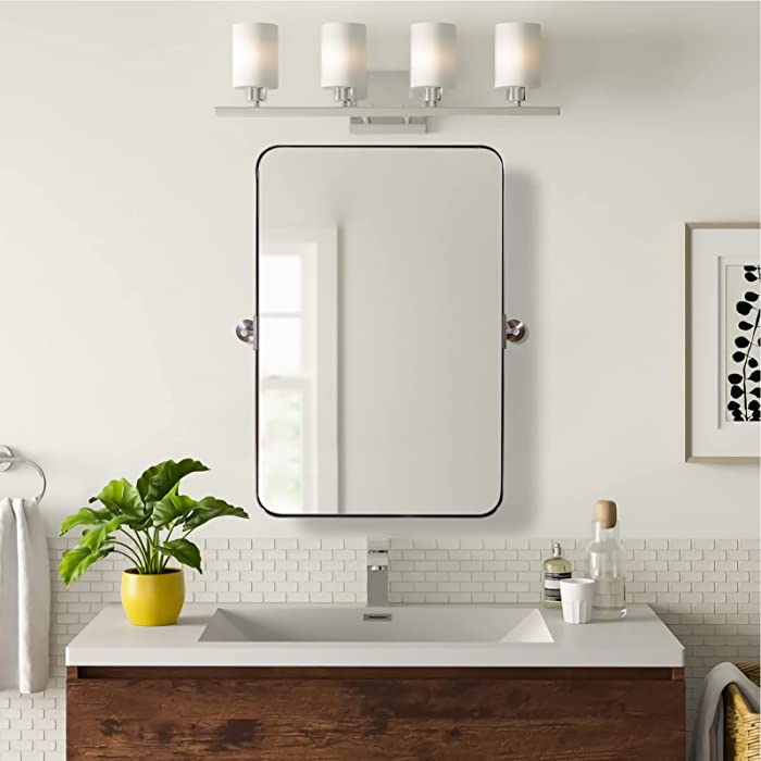 ANDY STAR 22"x34" Brushed Nickel Metal Framed Pivot Rectangle Bathroom Mirror in Stainless Steel, Tilting Rounded Rectangular Vanity Mirror for Wall Mounted Hangs Vertical