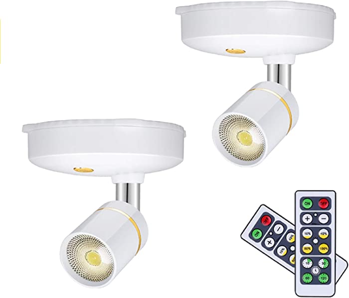 LEASTYLE Wireless Spot Lights Battery Operated Picture Lights Mini Accent Lights Indoor Dimmable LED Spotlight with Remote Stick on Anywhere Rotatable Wall Light(2 Pack)