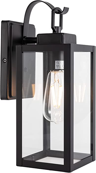 Gruenlich Outdoor Wall Lantern, LED Wall Sconce, E26 Base Max 60W, Metal Housing Plus Glass, Matte Black Finish, ETL Rated, Bulb Not Included, 1-Pack