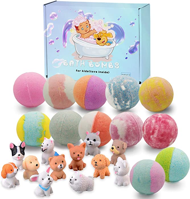 Bath Bombs for Kids with Puppy Toys Inside Kids Bath Bombs Organic Bubble Bath Fizzies Bomb 3.5 oz/per 12 Pcs Set Birthday/Christmas Surprise Gift for Girls & Boys