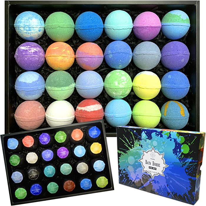 Bath Bomb Gift Sets for Men. 24 Therapeutic Aromatherapy Mens Bath Bombs. 100% Natural Organic Bath Soaking Balls for Men. Best Gift for Dad and Fathers Day Gift Sets. Sulfate & Paraben Free