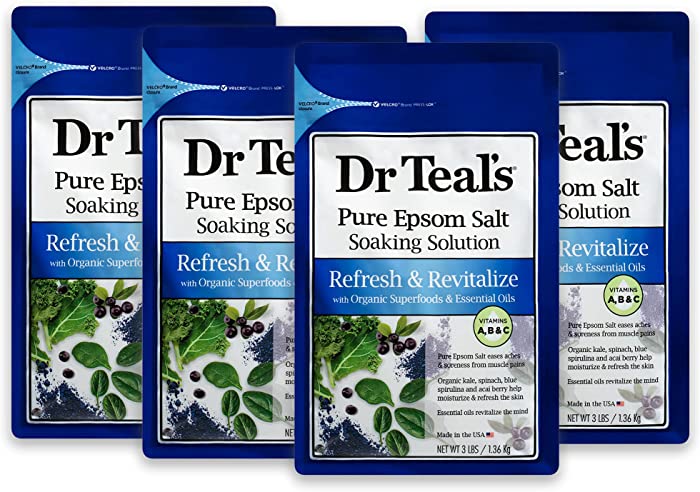 Dr Teal's Pure Epsom Salt Soaking Solution Refresh & Revitalize with Organic Superfoods & Essential Oils 3 lbs (Pack of 4)