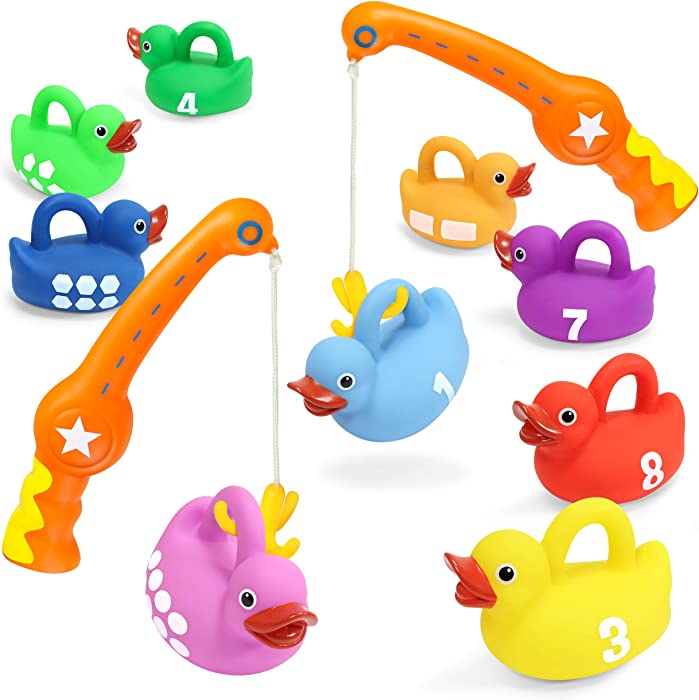 Kidzlane Toddler Water Toy Set of 2 Fishing Poles and 8 Rubber Ducks | Toddler Bath Toy|  Toddler Pool Toys for Kids Outdoor | Water Table Toy Learning Numbers, Shapes and Colors for Girls and Boys