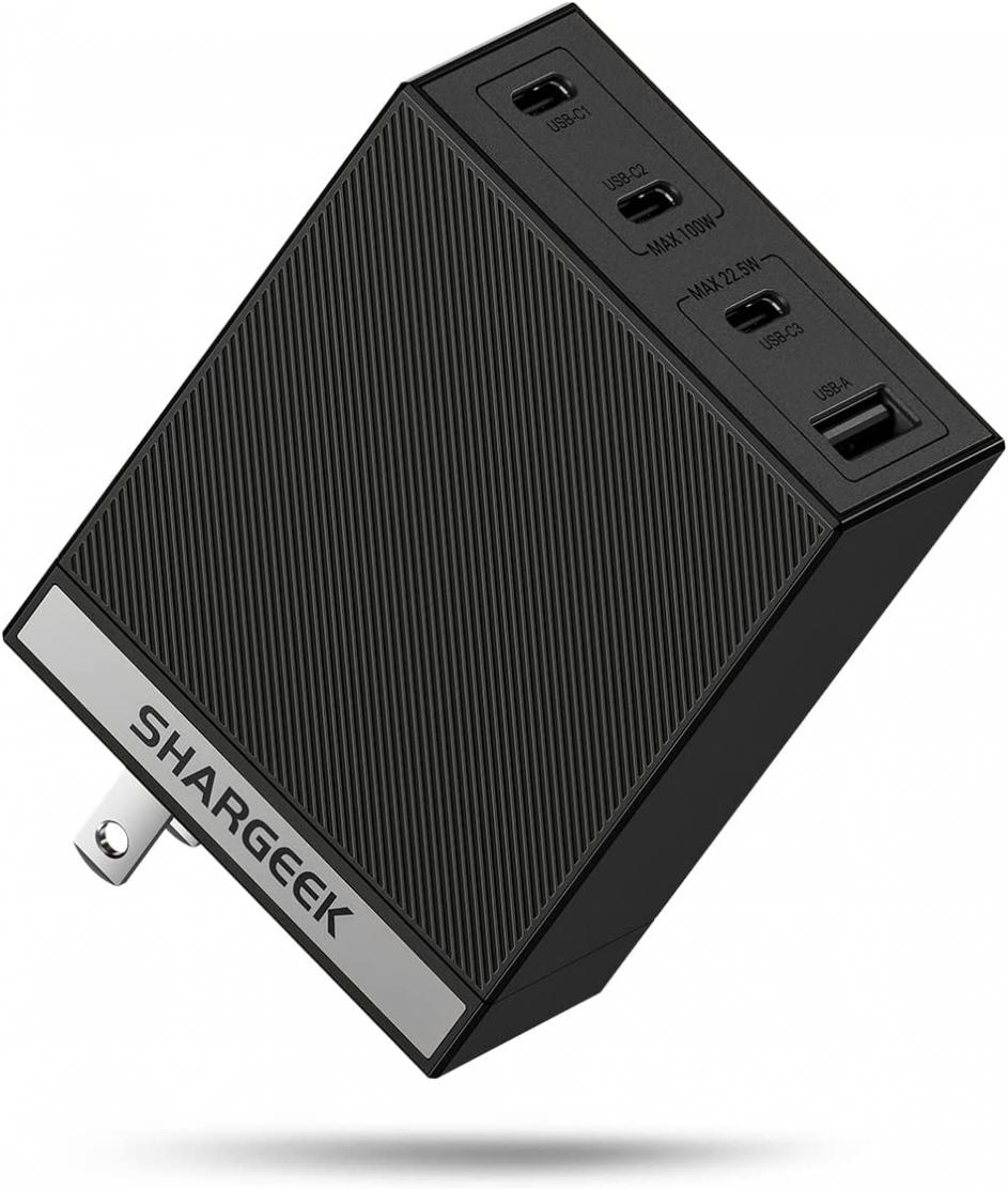 Shargeek 100W USB C Charger，4-Port GaN PD 3.0 Fast Charger， Type C Wall Charger, PPS, Charger for MacBook Pro/Air, ThinkPad, iPad Pro, Galaxy S22/S20, iPhone 14/Pro, Laptop Charger - Black