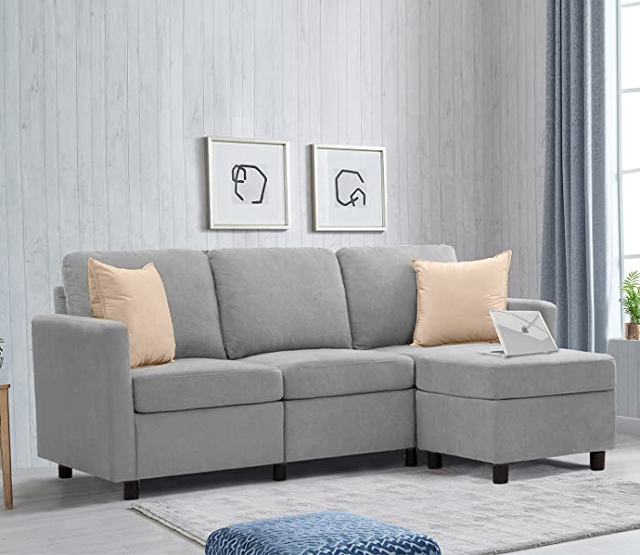 Pawnova Convertible Sectional Sofa Couch L-Shaped Settee with Soft Seat, Comfortable Backrest and Modern Linen Fabric for Small Space, Living Room, Gray